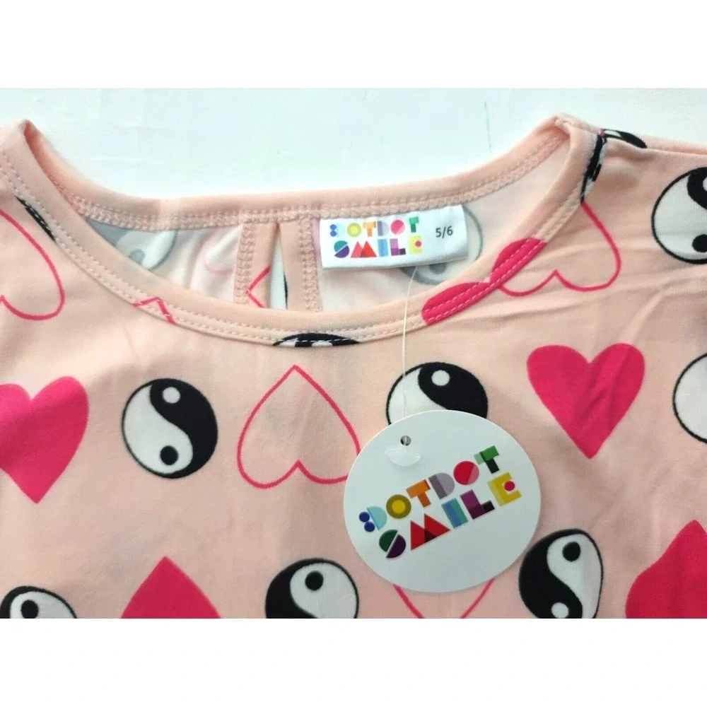 Dot Smile Girls Sz 5 6 Pink Yin-Yang Heart‎ Flapper Dress Short Sleeve Peace NWT